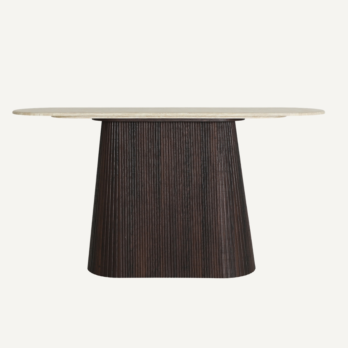 Console travertin beige et pied bois strié