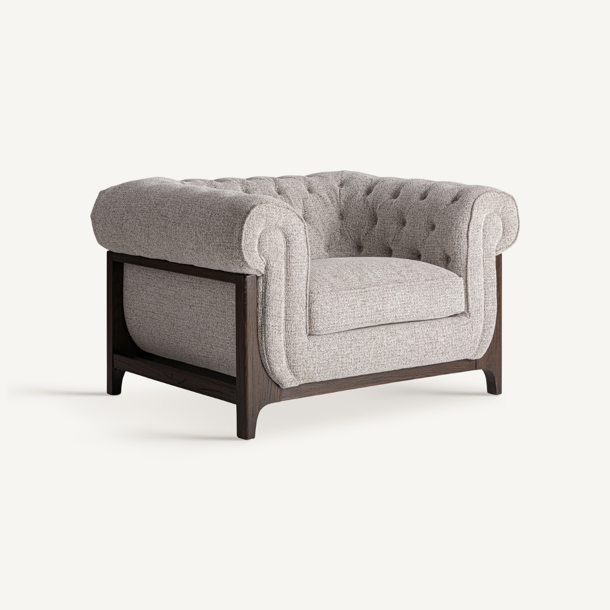 Fauteuil chesterfield en tissu gris et bois de frêne marron