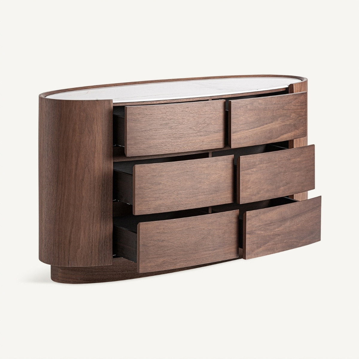 Commode ovale 140 cm 6 tiroirs chêne foncé