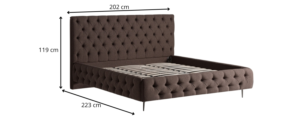 Dimensions détaillées lit king size en tissu marron