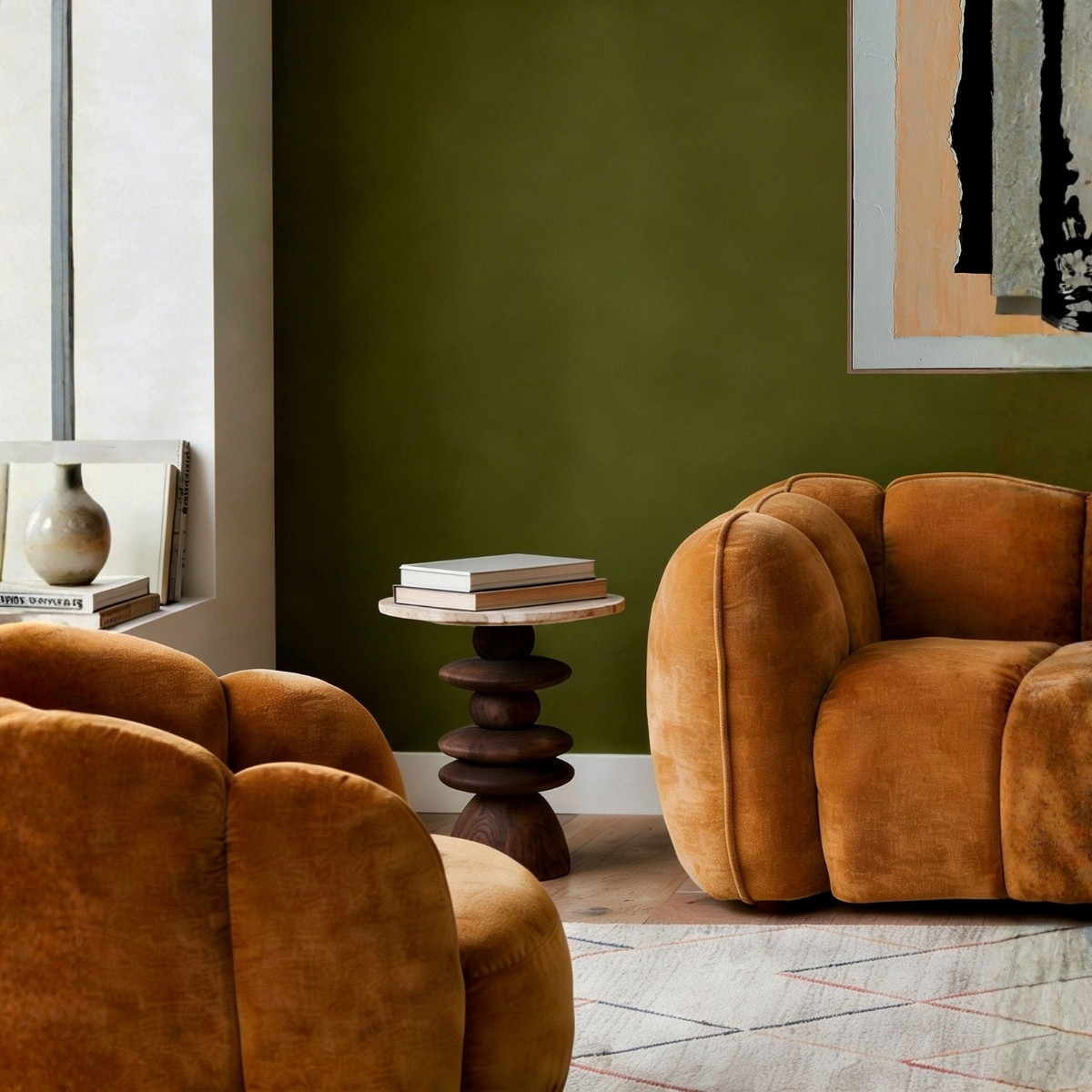Fauteuil coquillage velours ocre orangé 91 cm – Image 4