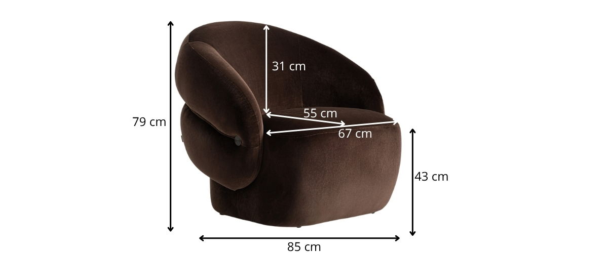 dimensions fauteuil design en velours chocolat