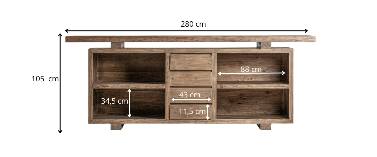dimensions du meuble comptoir rustique en bois d'orme