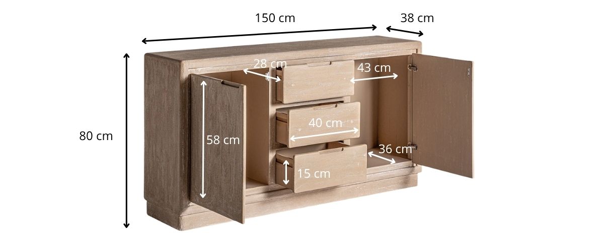 Dimensions du buffet en bois blanchi