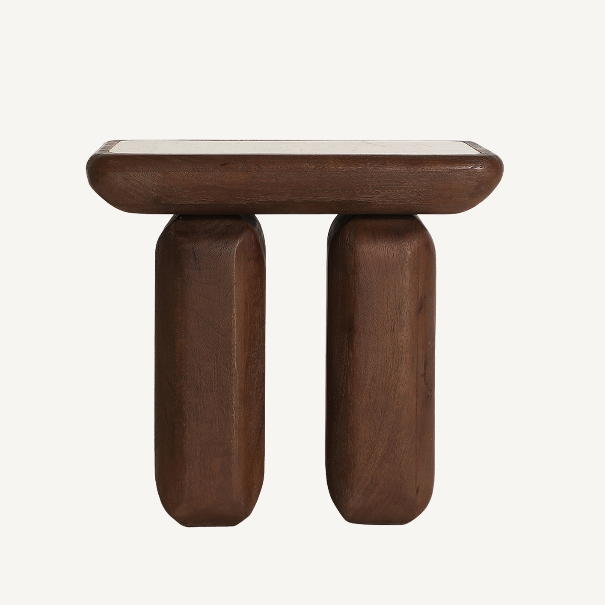 Table d'appoint en manguier foncé et travertin beige