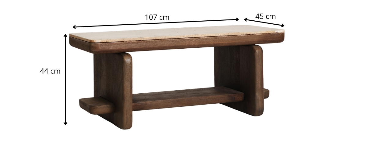 dimensions table basse tendant en bois foncé et travertin