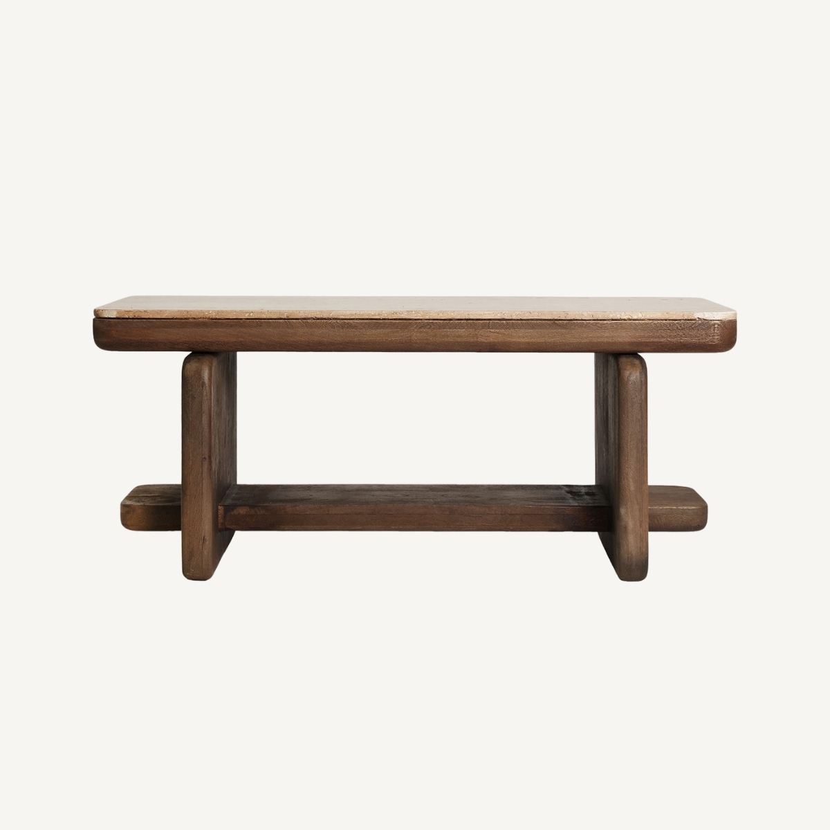 Table basse en bois massif de manguier et plateau en travertin beige