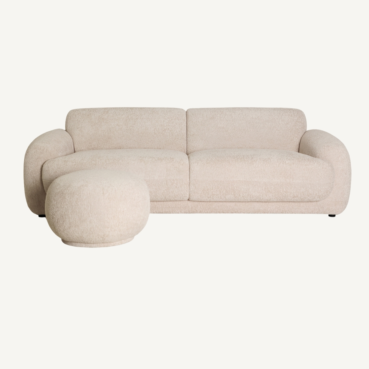 canapé avec pouf rond en tissu bouclé beige