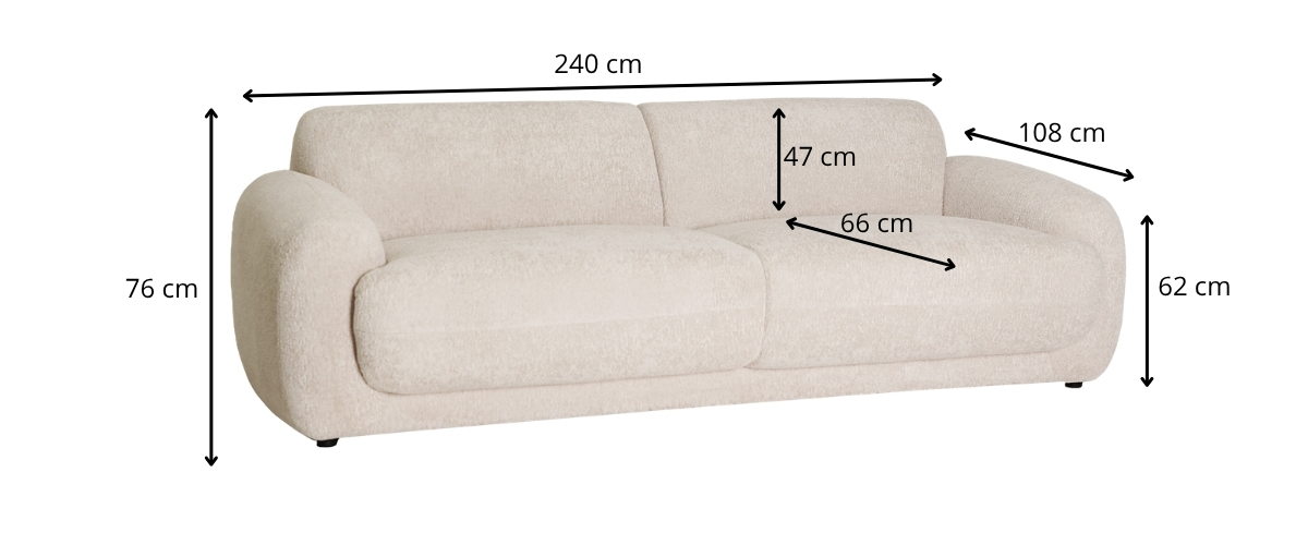 dimensions détaillées canapé en tissu teddy