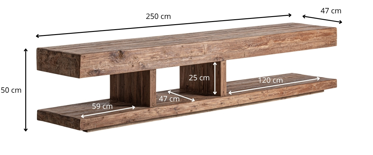 Dimensions du meuble tv en bois de teck recyclé