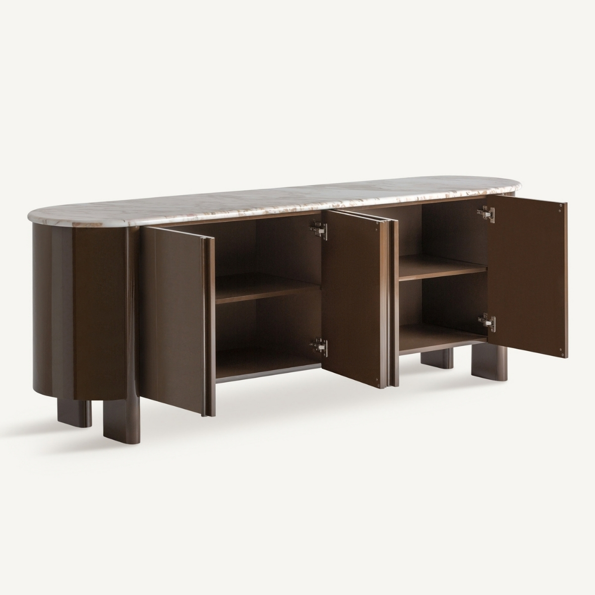 Buffet 4 portes laqué brillant marron et plateau en marbre blanc