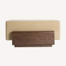 Table basse moderne 80 cm beige laqué et bois foncé