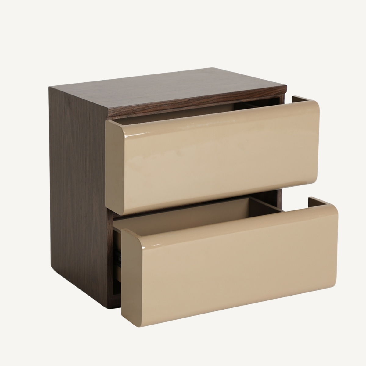 Chevet bois foncé et tiroirs beige laqué