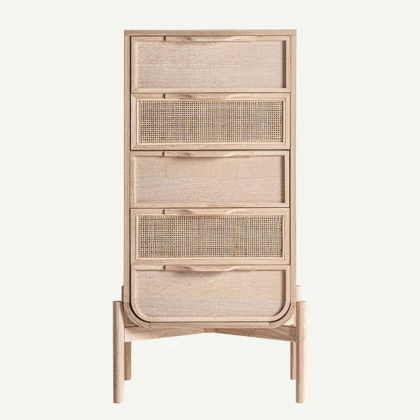 commode haute 5 tiroirs en bois massif et rotin