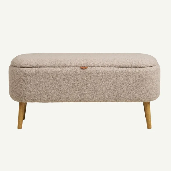 banc coffre en tissu bouclé beige et pieds en bois