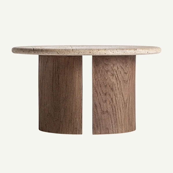 table de salon ronde 80 cm bois et travertin
