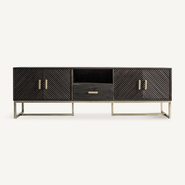 Meuble tv en bois massif marron strié 200 cm poignées métal doré