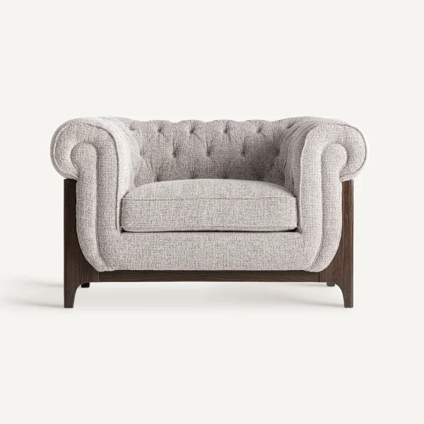 Fauteuil chesterfield en tissu gris et bois de frêne marron