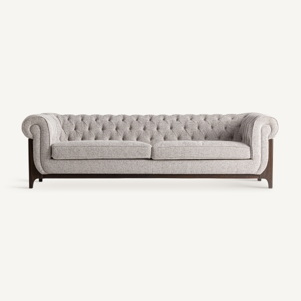 Canapé chesterfield 4 places en tissu gris et bois de frêne marron