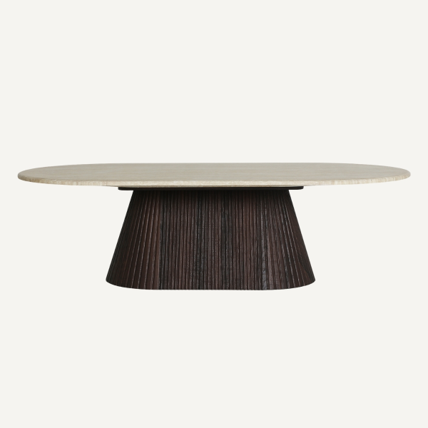 Table basse travertin ovale et bois strié