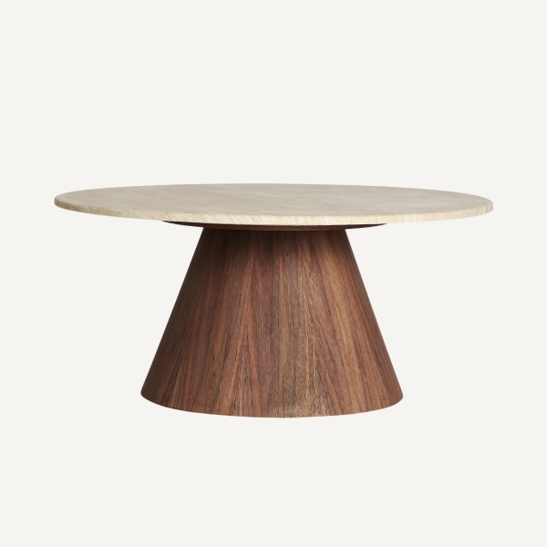 Table basse ronde noyer et travertin beige 90 cm