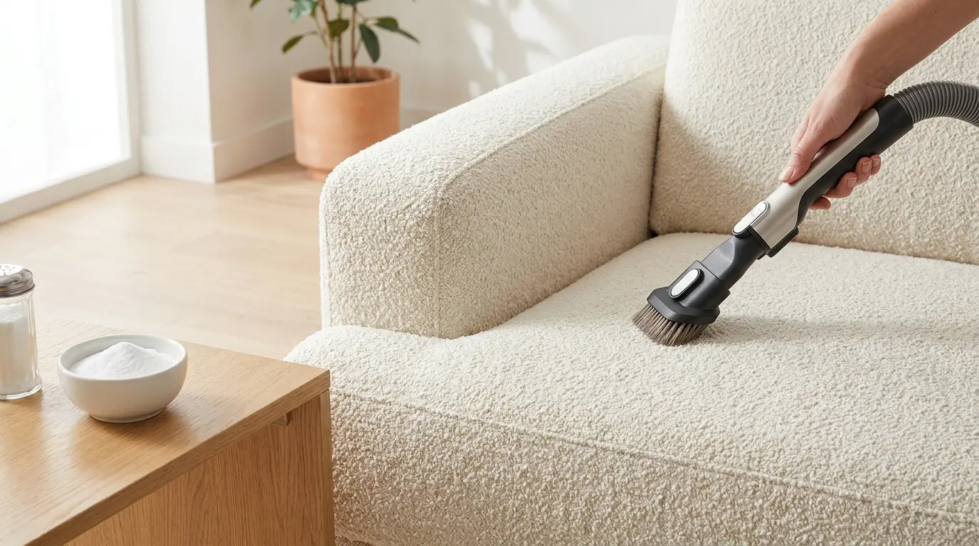 Une main utilise un aspirateur avec une brosse douce pour nettoyer un canapé en tissu bouclé blanc.