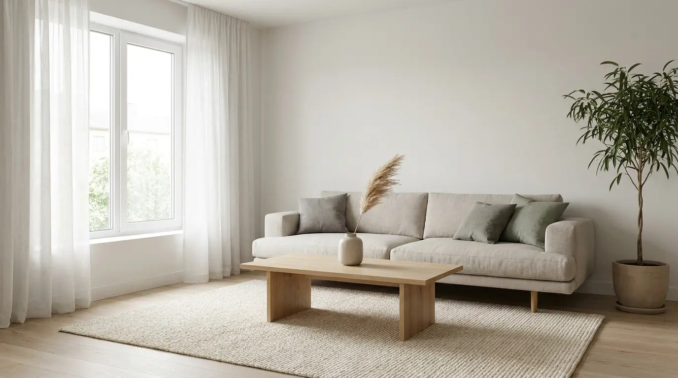 Salon minimaliste Japandi avec canapé beige, table basse en bois clair, tapis texturé et plante verte près d'une fenêtre.