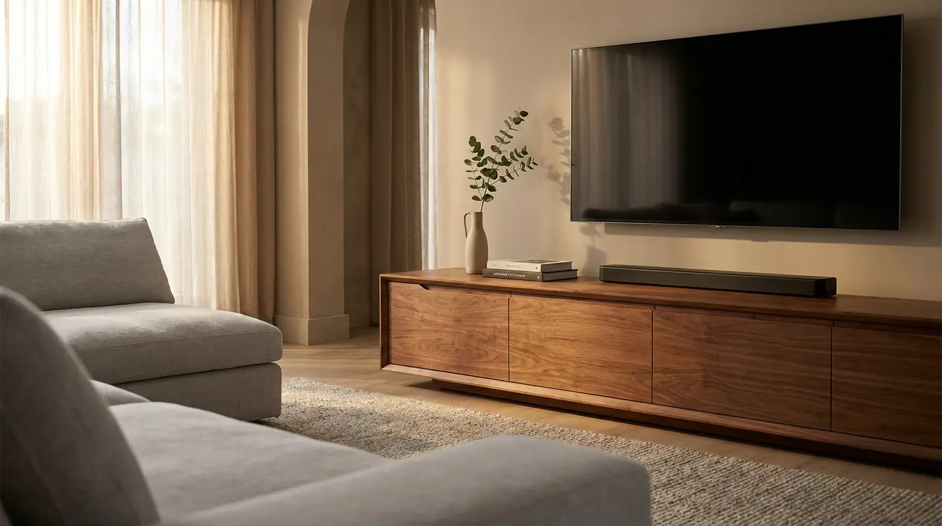 Salon élégant avec meuble TV en bois massif, canapé gris et télévision murale dans une ambiance lumineuse et chaleureuse.