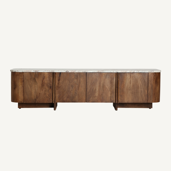 meuble tv tendance en bois foncé et marbre