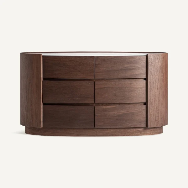 Commode haut de gamme forme ovale chêne foncé et pierre fritée
