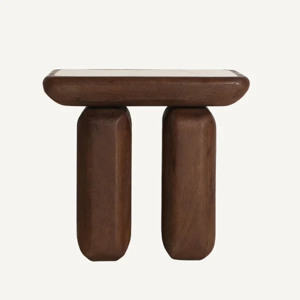 Table d'appoint en manguier foncé et travertin beige