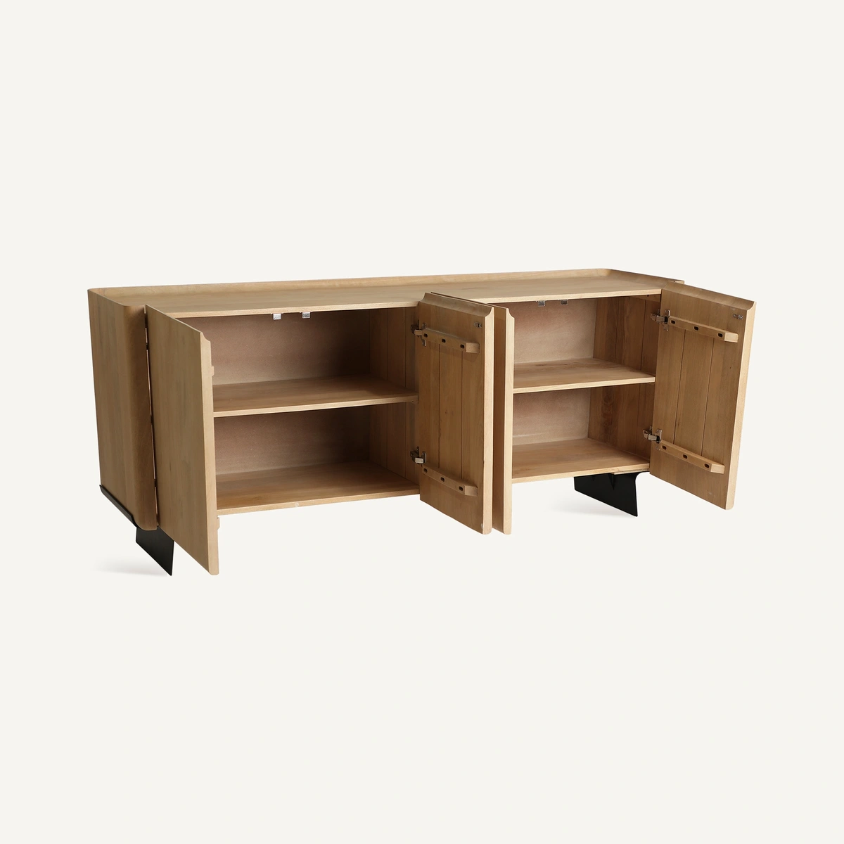 Buffet Sylvester en bois de manguier marron clair et noir 175 cm, portes ouvertes et étagères intérieures