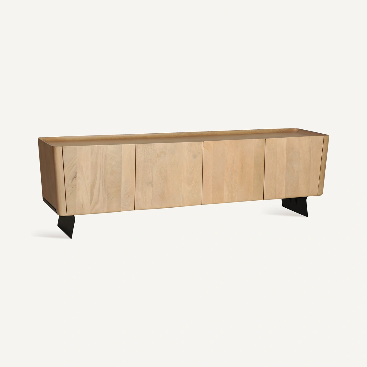 Meuble TV Sylvester en bois de manguier marron clair et noir 180 cm, vue de trois quarts
